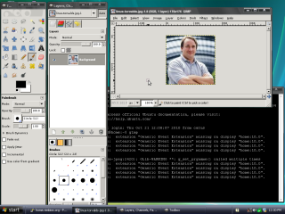 A Windows XP local machine displaying the GIMP image editor program, where GIMP is running on a remote host.  (Click to enlarge)
