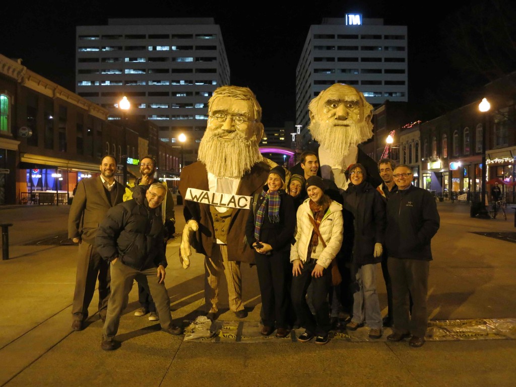 You never know who you might run into when visiting NIMBioS ... NIMBioS Working Group Biotic Interactions pose with Wallace and Darwin on Market Square in downtown Knoxville, TN. The group met for the first time last week.