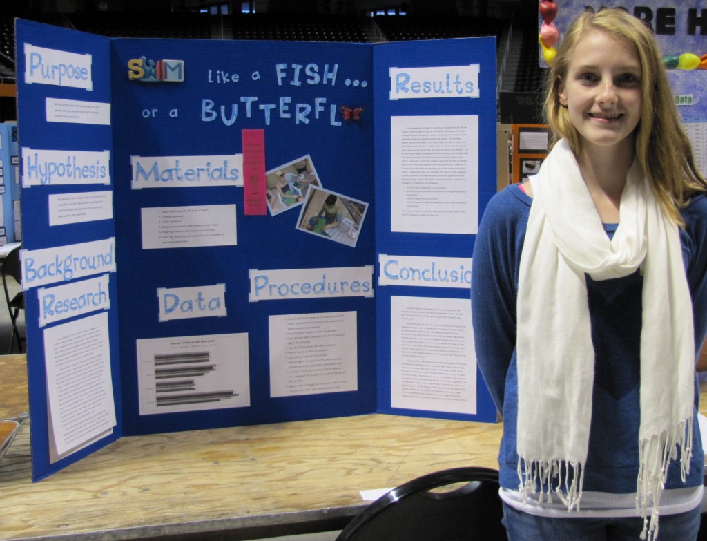     Kasey Jordan Godwin of Jefferson Middle School and her winning science project, "Swim Like a Fish or a Butterfly."