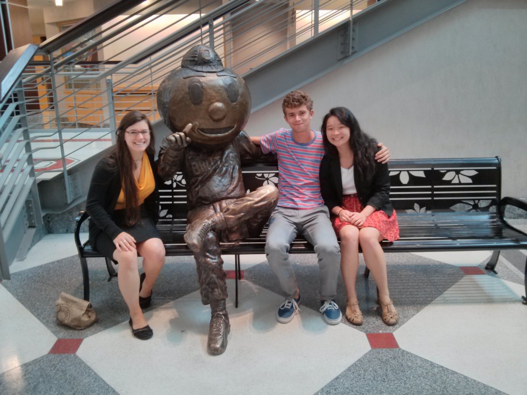 From L to R: Monica Napoles, Brutus Buckeye, Jacob Lambert and Jocelyn Keung take a break at the MBI Capstone Conference