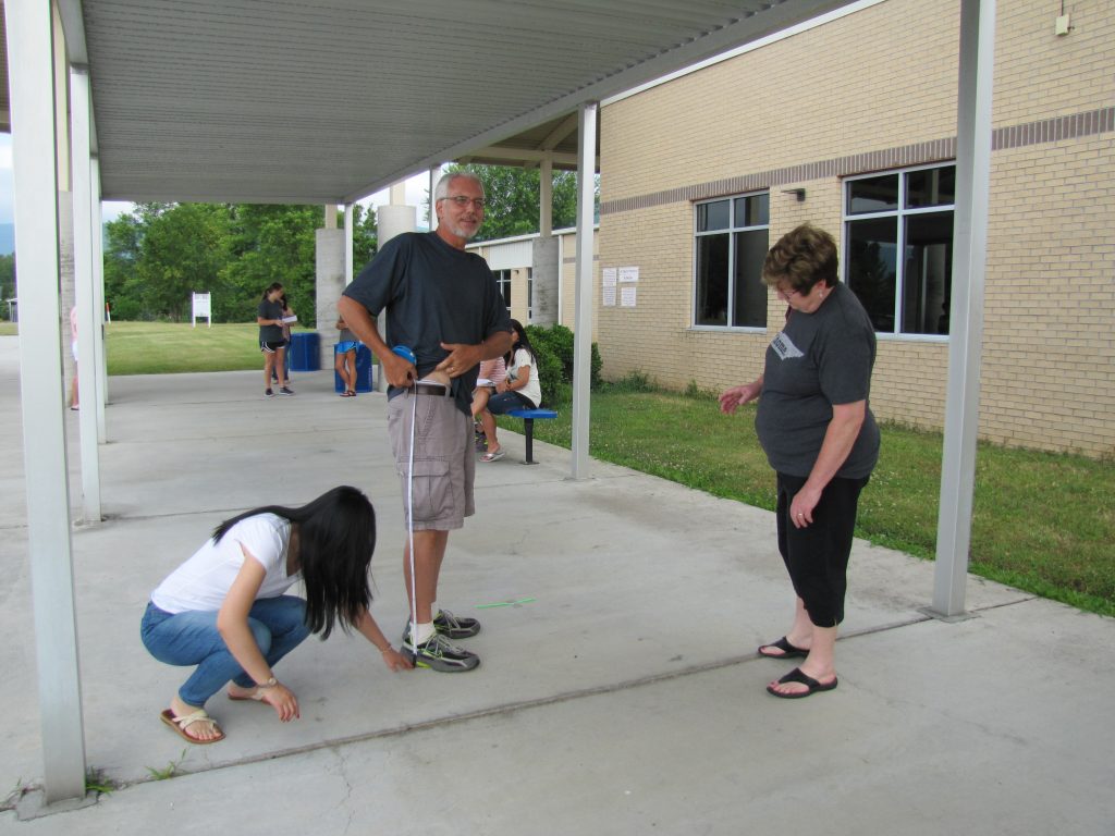 Tennessee elementary school teachers measure hip height learned how Alexander's Formula is used to model how fast dinosaurs could move based on their stride length, determined from fossilized footprints, and based on their hip height, determined from fossilized bones. The teachers then took on the role of pretending to be bipedal dinosaurs and performed trials by running outside 